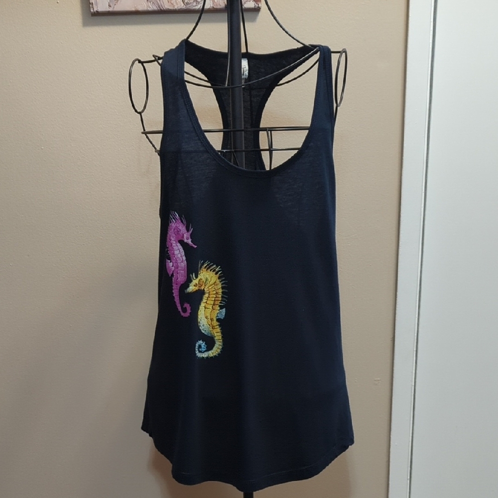 Blue Sleeveless Backless Tank Top with Purple Design